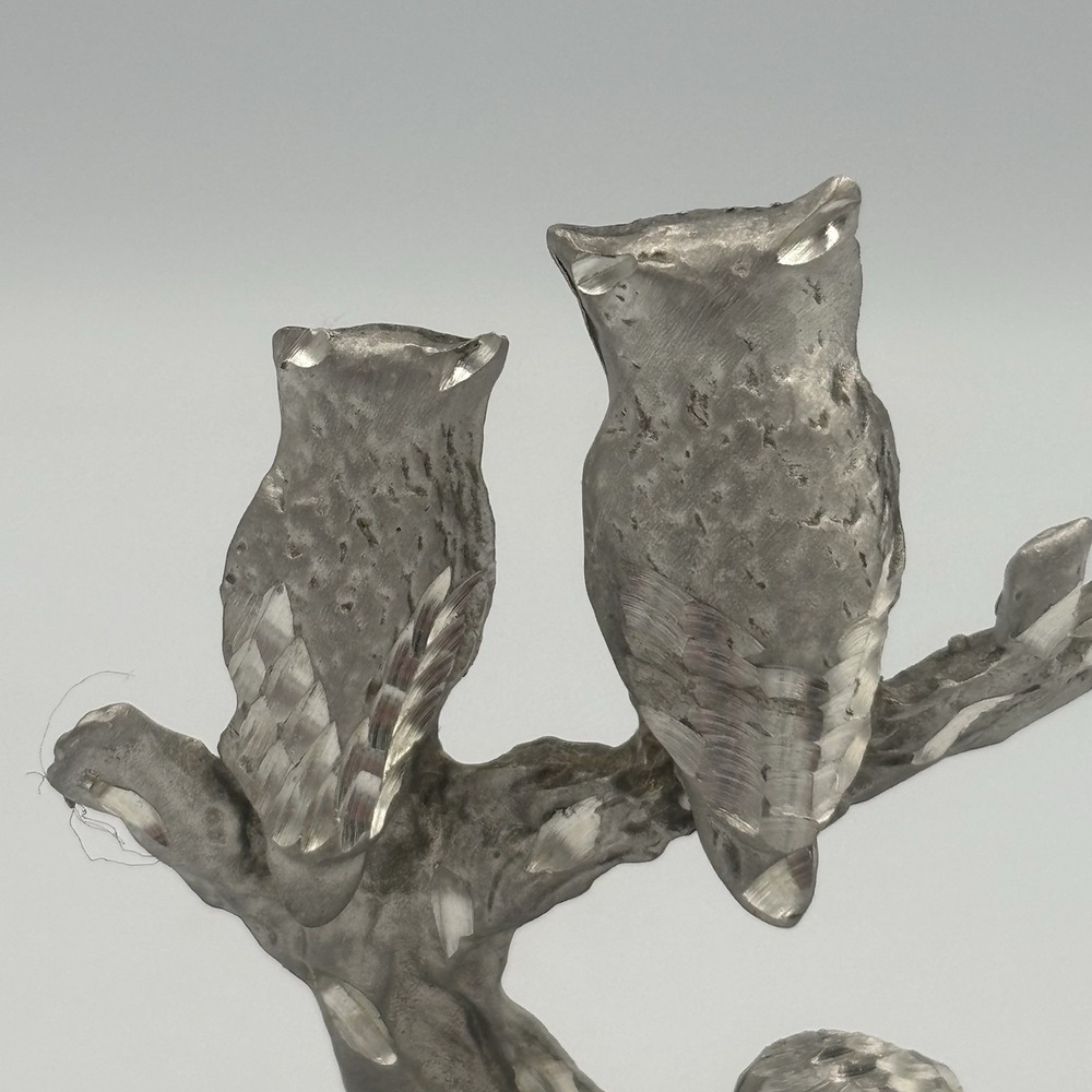 Vintage Pewter Owls On Branch with Mushrooms Figure on Purple Agate - Picture 14 of 16